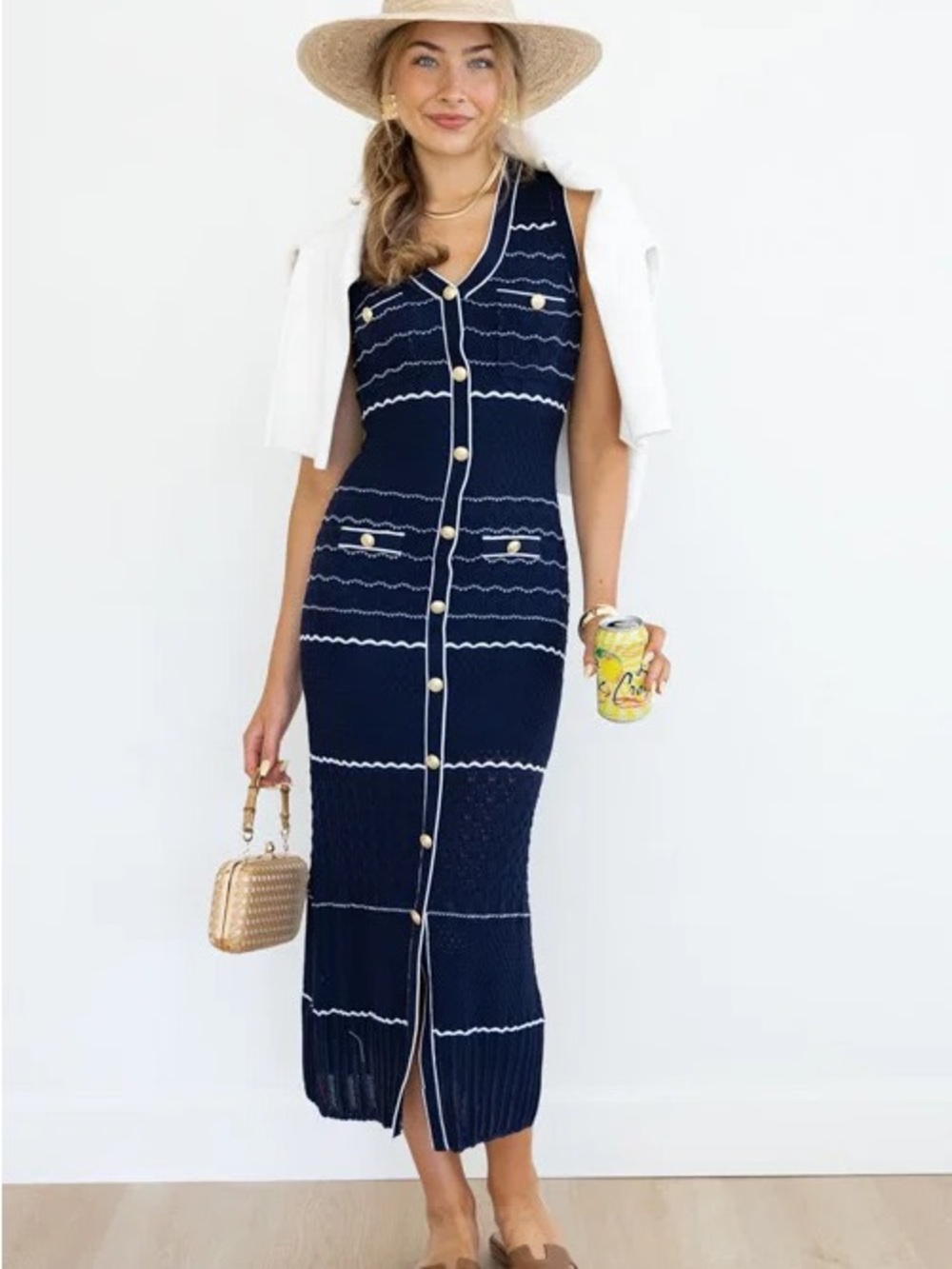 NWT Navy Midi Knit Dress with White Trim and Gold Buttons